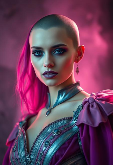 human sorceress, ((((fully shaved head)))), pale, subtle eyeshadow, teal lips, silver and magenta gown, ((fantasy art)), ((sensual)), ((high fantasy)), colourful, magic,
, rear projection, pastel color grading, low-angle shot