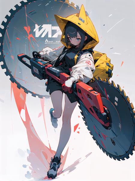 masterpiece, best quality, highres, 
1girl,full body,oversized hooded jacket,full body,
circular saw,  <lora:weapon_v01:0.8>