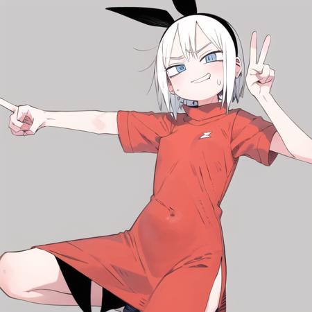 1girl, flat colored, small breast, slender, w arms, sweat drops, smug, looking_at_viewer, , simple background, peace sign , abtm, ;b, 