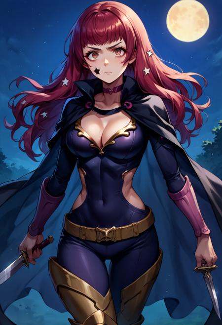 defyunaka, long hair, cleavage, choker, belt, cape, bodysuit, armored boots, star facial mark, star hair ornament casyunaka, long hair, large breasts, long sleeves, white shirt, purple cardigan, open clothes, black skirt, star hair ornament, star facial mark xmasYunaka, long hair, gloves, santa hat, cleavage, thigh boots, high heel boots, red cape, fur trim, clothing cutout, star hair ornament, star facial mark rndYunaka, long hair, star hair ornament, star facial mark