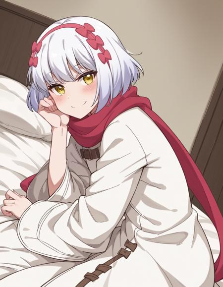 paula mccoy, short hair, bow, yellow eyes, white hair, hair bow, hairband, scarf, red scarf, coat, long sleeves, wide sleeves, white coat,