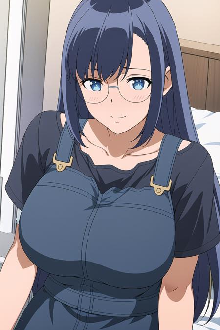 Bedroom, on bed, 
 black shirt, blue overalls, 
<lora:Toya_Yamada_16bit-KK77-V1:0.7>,black-framed eyewear,
blue eyes ,long hair,Bangs,blue hair, 
<lora:Oda_Non_Style-KK77-V2:0.3>,<lora:more_details:0.1>,
1 girl, 20yo,Young female,Beautiful Finger,Beautiful long legs,Beautiful body,
Beautiful Nose,Beautiful character design, perfect eyes, perfect face,expressive eyes,perfect balance,
looking at viewer,(Focus on her face),closed mouth, (innocent_big_eyes:1.0),(Light_Smile:0.3),
official art,extremely detailed CG unity 8k wallpaper, perfect lighting,Colorful, Bright_Front_face_Lighting,White skin,
(masterpiece:1.0),(best_quality:1.0), ultra high res,4K,ultra-detailed,
photography, 8K, HDR, highres, absurdres:1.2, Kodak portra 400, film grain, blurry background, bokeh:1.2, lens flare, (vibrant_color:1.2),professional photograph,
(Beautiful,huge_Breasts:1.4), (beautiful_face:1.5),(narrow_waist),