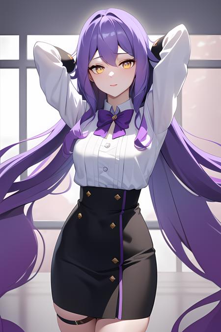 ((masterpiece, best quality)),1girl,indoors, sirin, bow breasts,long_hair, long_sleeves, looking_at_viewer, pencil_skirt, purple_bow, purple_hair, skirt, solo, thigh_strap,black_skirt, very_long_hair,cowboy_shot, white_shirt, yellow_eyes,,,,,,, ,extremely detailed CG unity 8k wallpaper, perfect lighting,Colorful, Bright_Front_face_Lighting,White skin, (masterpiece:1.0),(best_quality:1.0), ultra high res,4K,ultra-detailed, photography, 8K, HDR, highres, absurdres:1.2, Kodak portra 400, film grain, blurry background, bokeh:1.2, lens flare, vibrant_color,professional photograph,(Beautiful medium_Breasts), (beautiful_face:1),(narrow_waist),Beautiful Finger,Beautiful long legs,Beautiful body,Beautiful Nose,Beautiful character design, perfect face,perfect balance,