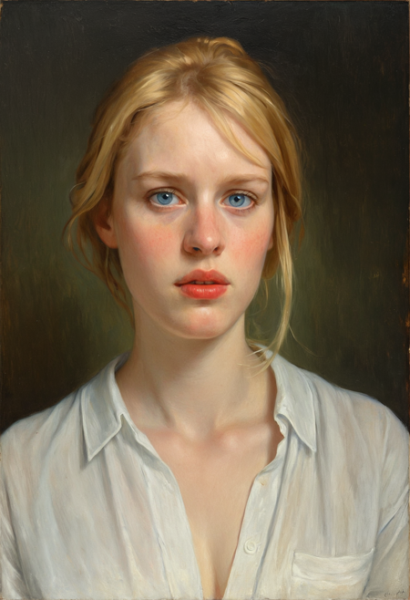 Classical oil painting,  a portrait of a young woman with blonde hair and blue eyes. She is wearing a white blouse with a plunging neckline. Her hair is styled in loose waves and falls over her shoulders. She has a serious expression on her face and is looking directly at the camera. The background is a plain grey color. The lighting is soft and natural, highlighting the woman's features.Caravaggio Vermeer Blake Sargent Turner Lautrec Degas Monet Manet Cassat Morisot Münter Kollwitz Malfatti Werefkin chiaroscuro Schjerfbeck, bold colours deep shadows, red blue green yellow brown black, dark thick inky shadows, reflected light subsurface scattering