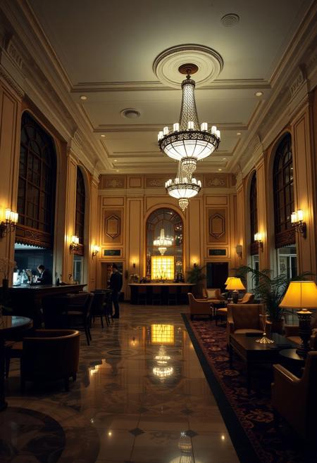 A grand and beautiful hotel lobby, art deco mixed with modern convenience, dim romantic lighting, a bar serving drinks is visible off to one side, luxurious furnishings