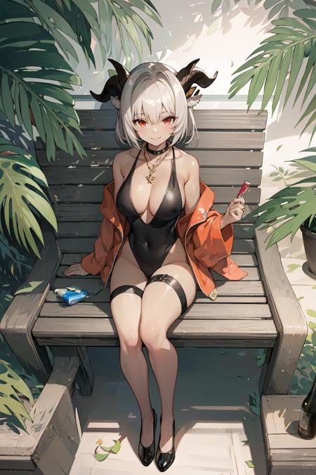 masterpiece, best quality, ognx style, 1girl, solo, breasts, looking at viewer, smile, short hair, bangs, large breasts, red eyes, animal ears, cleavage, bare shoulders, sitting, closed mouth, swimsuit, full body, grey hair, open clothes, horns, dark skin, water, necklace, off shoulder, dark-skinned female, one-piece swimsuit, clothing cutout, thigh strap, bottle, plant, black one-piece swimsuit, horn ornament, casual one-piece swimsuit, goat horns, goat ears, goat girl <lora:Arknights style:0.9>