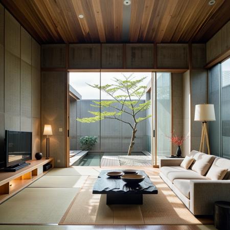 Japanese-style architecture,Living room, in the style of Tadao Ando, with a cinematic shot texture,high quality, high highres,