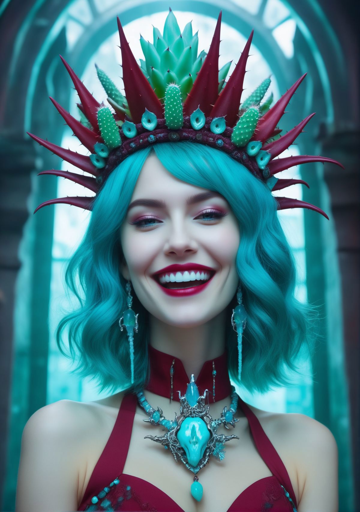 portrait of Respect Cybernetic Cactus diabolical smile, wearing turquoise, azure, maroon, enchanted princess tiara, in icy...