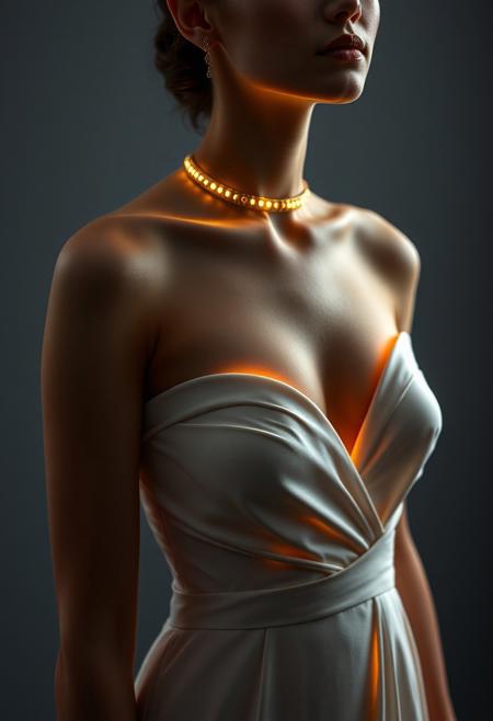 (Evening Gown): elegant evening gown, subdermal LED jewelry, (internal LED glow:1.6) beneath the skin, (embedded LEDs:1.7) forming delicate light patterns along the collarbone and neckline, soft light radiating naturally through the skin, (sapphire-like glow beneath skin:1.5), (luxurious fabric:1.4), high-quality satin or silk, flowing dress, (light integrated into skin:1.6), soft golden LED accents glowing subtly through the skin, (natural skin tone:1.5), smooth radiant light transitions, (highly realistic skin texture:1.7), (futuristic elegance:1.6), seamless integration of subdermal jewelry and dress design, high-definition, (glowing contours following body curves:1.6), elegant, bold yet refined, (worn jewelry:-1.8), (external necklace:-1.8), (visible jewelry:-1.8), ultra-realistic textures blending light and fabric, minimal external appearance, modern tech-enhanced beauty