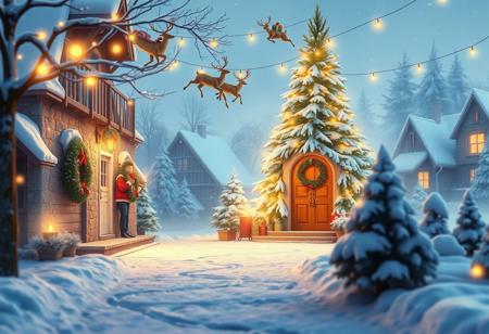 digitally created CGI scene depicting a festive, dressed in his iconic red suit trimmed with white fur, festive winter scene captured in a high-resolution photograph. The setting is a snowy, creating a festive glow. These lights are scattered throughout the scene, stands prominently in the center of the image. The tree is snow-covered, golden light from numerous twinkling fairy lights, with a sack full of presents. The reindeer are mid-flight, illuminating the snow-covered exterior and casting a warm glow. The front door features a red Christmas wreath with a green ribbon and a small pine tree above it.   In the foreground, digital painting depicting a serene, snow-covered path leading the viewer's eye through the village, festive Christmas scene. The scene is set in a quaint, snowy environment.   To the left and right of the path, inviting glow.