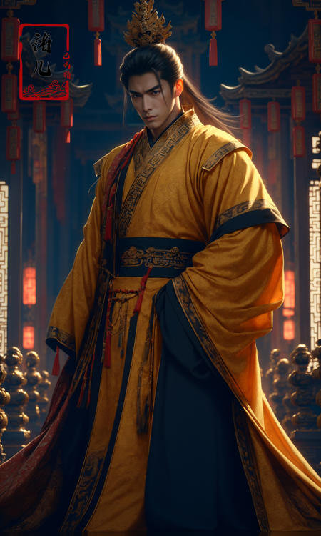 Epic CG masterpiece, A Chinese Tang dynasty emperor,by guopei Wuxia,handsome, MAX Masculinity, straight crown, golden Taoist robe, palace background, Tang dynasty, royal, dynamic poses, stunning colors, 3D rendering, surrealism, cinematic lighting effects, realism, 00 renderer, super realistic,
<lora:~Q?-vY*[Proyal:0.9>