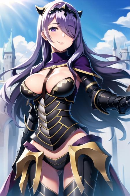 (detailed hair), (masterpiece), (best quality), (ultra-detailed), sharp focus, detailed face, ((perfect anatomy)), perfect lighting, (intricate details), (depth of field), full body, <lora:CamillaFireEmblem:1>, CamillaFE, purple eyes, smile, CamillaArmour, background: castle, blue sky, white clouds, sunny, daylight,  <lora:SofterStyle:0.4>