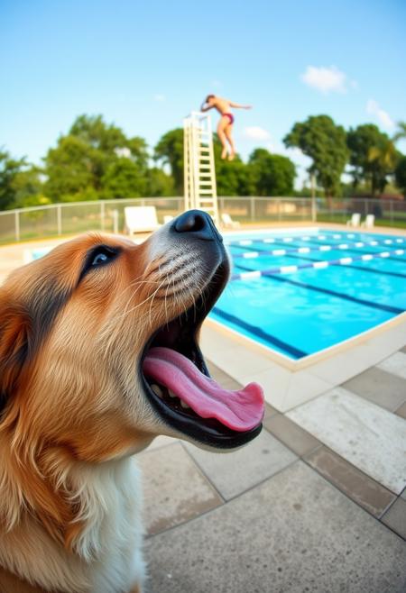 Photograph with a forced perspective effect, In the foreground very close to the camera is a dog barking at the sky, its mouth wide open, only its head is visible. In the background we see an outdoor public pool with a diving tower, a man is mid-air diving. The forced perspective effect gives the impression that the diver is diving into the mouth of the dog. The image is shot with a wide field of view, everything is sharp.