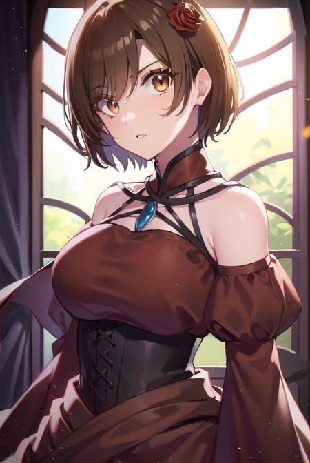 banicaconchita, <lyco:banicaconchita-lyco-nochekaiser:1>,
banica conchita, (brown eyes:1.5), brown hair, short hair, <lora:surprised_v100:1>,
BREAK bare shoulders, corset, detached sleeves, dress, flower, hair flower, hair ornament, red dress, red sleeves, rose,
BREAK cowboy shot, looking at viewer,
BREAK indoors,
BREAK <lyco:GoodHands-beta2:1>, (masterpiece:1.2), best quality, high resolution, unity 8k wallpaper, (illustration:0.8), (beautiful detailed eyes:1.6), extremely detailed face, perfect lighting, extremely detailed CG, (perfect hands, perfect anatomy),