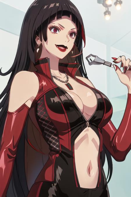 best quality, masterpiece, highres, solo, {vipere_birdiewinggolfgirlsstory:1.15}, black_hair, jewelry, makeup, red_eyes, open_mouth, long_hair, lipstick, necklace, bangs, earrings, blunt_bangs, multicolored_hair, breasts, 1girl, cleavage, red_nails, nail_polish, clothing_cutout, shoulder_cutout, fang, smile, bodysuit, large_breasts, red_lips