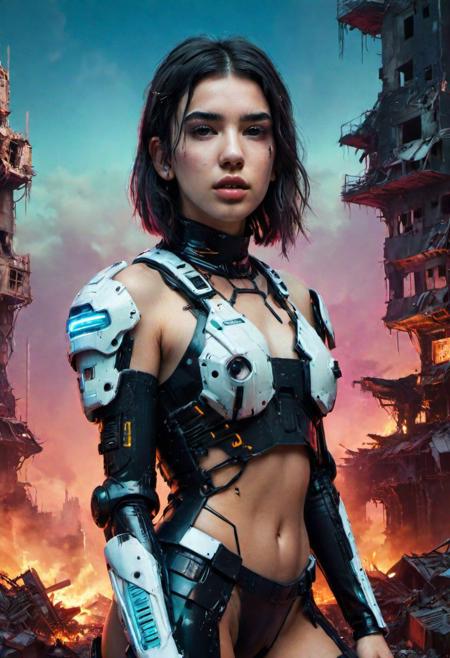 Full shot of Dua Lipa, beautiful european 30 years old girl, futuristic soldier, cyberpunk, post-apocalyptic landscape, neon city in ruins, in the style of Rembrandt, cybernetic body, sensual, realist fine details, dynamic balance, close-up, contre jour, dark background, midjourney v6 style