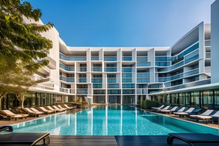 <lora:JJsHotel_Building:1>, masterpiece , best quality, ((Hotel Building)), 
outdoors, sky, day, cloud, tree, blue sky,  ground vehicle, building, scenery, road, lamppost, real world location, swimming pool, bench, lounge chair, balcony, door,
, lots of trees, sunlight, public blocks,daytime, mountains, public squares,  various building facades, lively city streets,  enough detail, high resolution, 8k, HD, super realistic, Photorealistic, highly detailed, plaza,  <lora:add_detail:0.8>