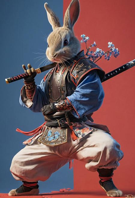 Drunken Fist Style, a mystical, and high-resolution image of an anthropomorphic rabbit character in high kick fight stance. The character should be depicted in a manga cover style with wealthy portraiture and poster art elements. Volumetric lighting, The image should feature rich colors and high contrast, focusing on the best quality, official art, and a beautiful and aesthetic appearance. Include fractal art elements and a colorful background with a splash of color. Use a movie perspective and an advertising style, similar to a magazine cover. XUER Rabbit should be shown solo, looking at the viewer with lue charming eyes, wearing Japanese clothes and armor, holding a sheathed katana, and standing in a cowboy shot pose. The character should have rabbit ears, tattoos, muscular abs, shoulder armor, and Blue/white forget me not Flowers in the background. Emphasize a samurai theme with a red background and floral elements.