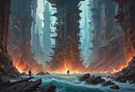 In the unpublished and breathtaking image (far beyond the unseeable) by john berkey, the essence of the Master's artistry shines through with remarkable clarity.  As your eyes wander across the canvas, you'll encounter a harmonious fusion of elements that defy convention and ignite the imagination. It is a visual symphony that stands as a testament to Berkey's boundless creativity. Vibrant and sublime colors dominate the image, bursting forth with a luminosity that captivates the viewer., d&d, fantasy, highly detailed, digital painting, artstation, sharp focus, fantasy art, character art, illustration, 8k, art by artgerm and greg rutkowski