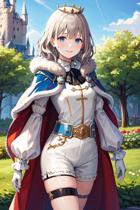 masterpiece, best quality, highres, eeasahi, medium hair, crown, earrings, fur trim, cape, frilled shirt, long sleeves, frilled sleeves, white gloves, white shorts, belt, thigh strap, <lora:serizawa_asahi_v1:0.7>, castle, outdoors, garden, standing, cowboy shot, smile