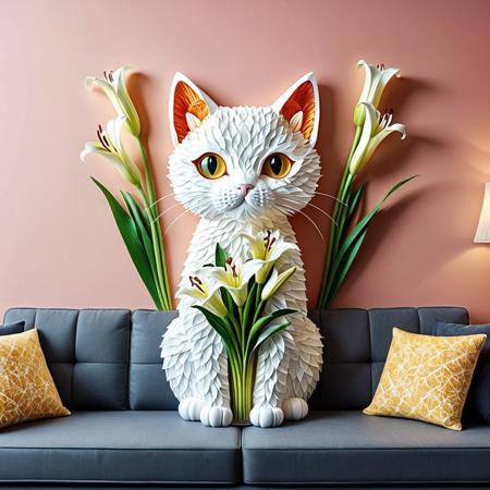cat made of lily flower, best quality, indoor, beautiful background, vase, flower, couch, wall decoration, detailed image, 4k, 8k