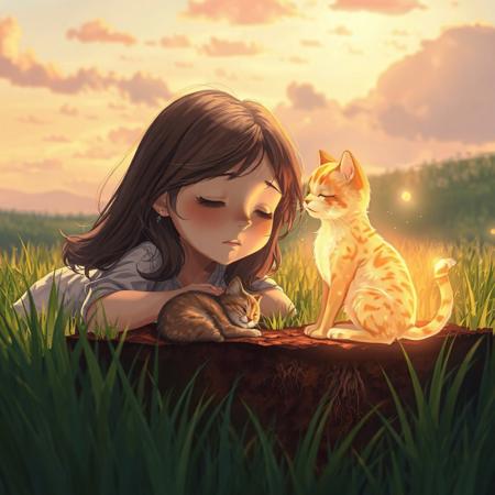 A heartfelt, semi-realistic digital illustration capturing a poignant moment in a lush, verdant grassy field under a serene, golden-hour sky with hues of amber and soft pink. A young girl, with flowing hair and a delicate, melancholic expression, lies on her stomach, her ear gently pressed to the cool, dew-kissed ground, eyes closed as if listening to a distant memory. Her face reflects quiet sorrow and love, with subtle tears glistening at the corners of her eyes. Below the surface, a detailed cutaway view reveals a beloved cat, curled up peacefully in rich, loamy soil, surrounded by warm earth tones of umber and sienna, with faint roots weaving around it, symbolizing eternal rest. (((Next to the girl, the glowing, ethereal spirit of the same cat sits upright, its translucent form radiating a warm, golden light that shimmers like fireflies, lovingly rubbing its head against the girl's shoulder in a tender, comforting gesture. The cat's spirit has soft, defined fur patterns glowing faintly, mirroring its earthly form))). The scene is enveloped in a dreamy, nostalgic atmosphere, with delicate light rays filtering through scattered clouds, casting a gentle glow on the grass and the girl's serene face. The artwork features vibrant yet tender colors, with intricate textures in the grass blades, soil layers, and the cat's fur, emphasizing a profound emotional connection between the girl and the cat's spirit, evoking themes of love, loss, and enduring memory.