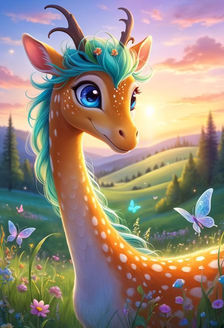 misunderstood cute creature with long neck, enchanted meadow, dawn, hopeful expression, pov,  vibrant colors, soft focus, fairytale, magical, intricate details, friendly creatures, glowing elements, dreamy, whimsical, inviting, ethereal, cinematic