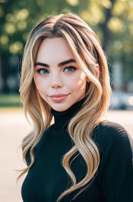 detailed and realistic portrait of beautiful (McKaylaM), sexy, 25yo, blonde_hair, blue_eyes, long_hair, closed_mouth, lips, smile, jewelry, wearing a black sweater turtleneck, looking_at_viewer, shot outside, soft natural lighting, portrait photography, magical photography, dramatic lighting, photo realism, ultra-detailed, intimate portrait composition, Leica 50mm, f1. 4,  <lora:add_detail:0.2>