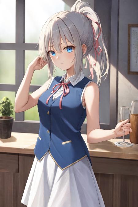 masterpiece, best quality, highres, 1girl ponytail hair ribbon <lora:bluesy_no_outfit:0.5> <lora:bluesy:0.5> neck ribbon, blue vest, sleeveless, white skirt