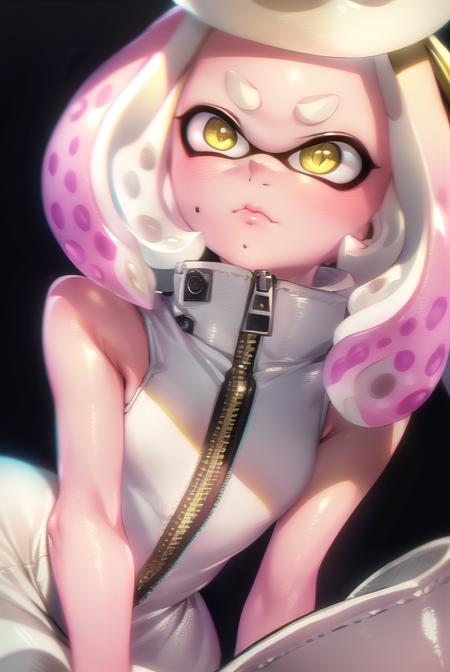 (pearl \(splatoon\):1.5), + +, short hair, (yellow eyes:1.5), pink hair, white hair, multicolored hair, pointy ears, mole, mole under mouth, two-tone hair, gradient hair, tentacle hair, thick eyebrows, dress, pantyhose, boots, sleeveless, white dress, sleeveless dress, white footwear, crown, zipper, zipper pull tab, pink pantyhose,