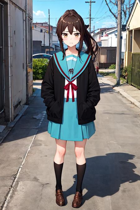 masterpiece, best quality, highres, kk1, 1girl, kyonko, ponytail, blue sailor collar, long sleeves, open cardigan, serafuku, blue skirt, skirt, brown cardigan, red ribbon, long hair, ribbon, socks, , frown, hand in pocket, street, <lora:kyonko_v1:0.6>