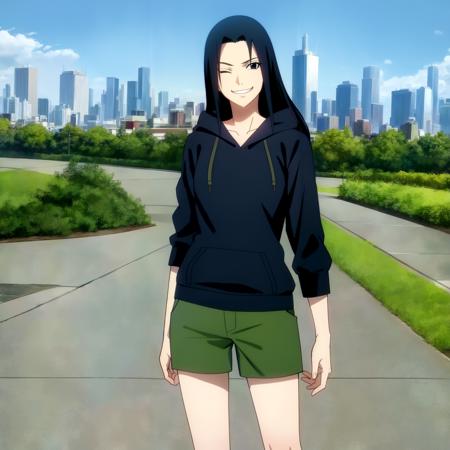 1girl, solo, long hair, black hair, black hoodie, looking at viewer,sidelocks, black eyes, smirk,one eye closed, <lora:Mikoto:1> <lora:animemix_v3_offset:0.7>, outdoors,city, cowboy shot,shorts,