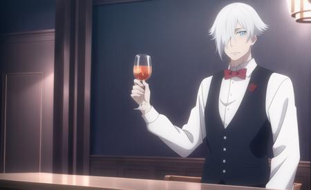 (masterpiece), high quality, highly detailed background, 1boy, solo,
<lora:DeathParadeDecim-v2-04:0.7>, ChopioDecim, white hair, short hair, hair over one eye, blue eyes, +_+, pale skin, (looking at viewer:1),
outfit_1, bartender, white shirt, collared shirt, black waistcoat, red bowtie,
standing, bar, alcohol, glass, cocktail glass,