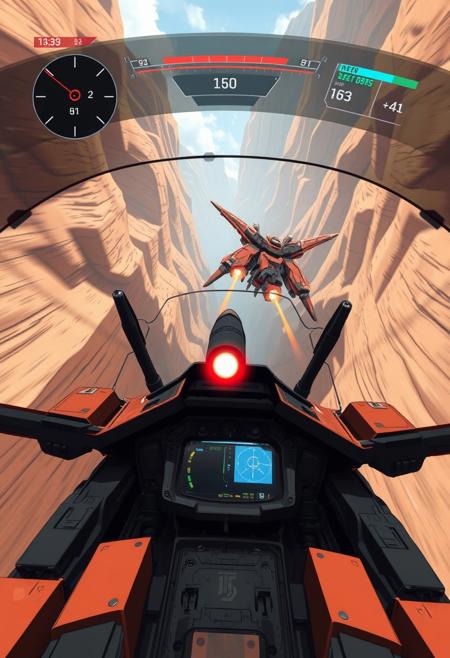 A cockpit view of a flying mech chasing another flying mech through a canyon.  A HUD displaying velocity, mech status, weapon status, as well as other things that are relevant.  A missile fired by the mech piloted by the viewer is closing in on the mech that is being chased.  Not cartoony or anime at all.  The image should be gritty and realistic looking as possible.