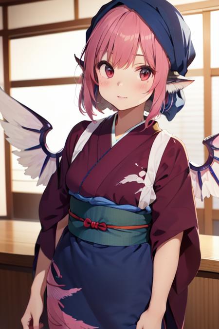 (animal_ears:1.3), (sash code:1.3), (white_tasuki wings:1.1), (okamisty:1.5), (mystia lorelei:1.2), lips, (maroon_kimono:1.4),  (blue headscarf:1.5), (indigo blue_apron:1.2), (pink hair:1.2), <lora:oka_mysty2:0.3>