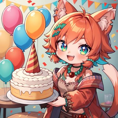 Mozumi, orange hair, multicolored hair, green eyes, unusual pupils, tail, shoulder tattoo tribal clothes, torn clothes, red coat