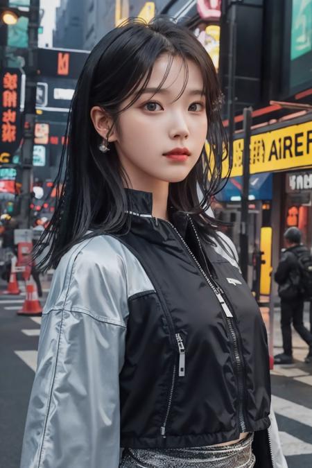 best quality, Lee Ji Eun, 1girl, solo, looking to the side,  cyberpunk, robot joints,  upper body,  black eyes, lips, closed mouth,  realistic, (outdoors:1.1), <lora:iu_idol:1:FACE>