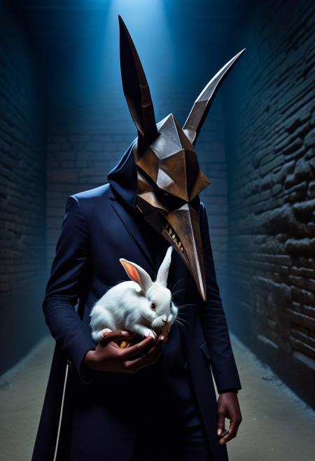 highly detailed and hyper realistic photo, by Brian Stelfreeze , by Julius Horsthuis , by Iwan Baan , a horrifying dark ((pyramid head)) creature in a dark dungeon holding an object in it's dark claw like palm , in the style of  avant-garde fashion editorial photography, limited dark palette, unusual dark colors, faded colors, atmospheric haze, highly dramatic cinematic lighting, motion blur, film grain,  professional, excellent composition, finest details, maximized details, ultimate detail level, masterpiece, best quality 
BREAK  
creature is ((holding)) a tiny cute white rabbit in it's palm
