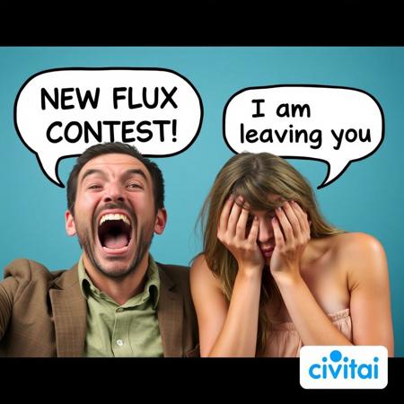 Photo of a very enthusiastic man and a sad sobbing woman. The man says in a text bubble: "NEW FLUX CONTEST!", the woman says in a text bubble: "I am leaving you". In the bottom right corner is the white and blue logo of "civitai"