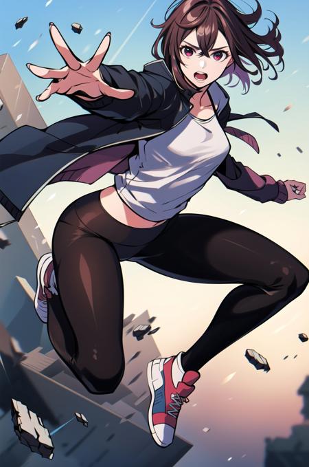 1girl,  <lora:MomoAyase:0.75>, medium shot, wearing jacket, (joy:0.7), sports wear undershirt, yoga pants, solo, realistic, floating in air, telekinesis, floating rubble, action pose,