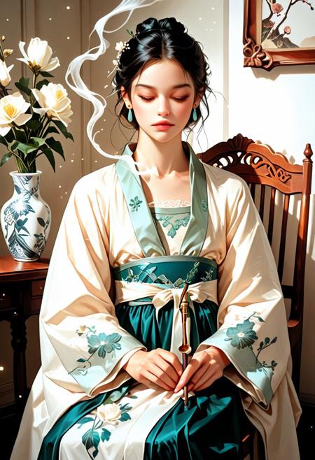 solo, short black hair, elegant man, seated, holding a long kiseru smoking pipe, traditional Hanfu-style silk robe, white with delicate embroidery, floral patterns, tied sash, flat chest, graceful pose, closed eyes, long sleeves, white flower vase in the background, ornate wooden chair, ethereal smoke, gentle lighting, earrings, realistic facial features, attractive , calm atmosphere, flower vase decor, semi-realistic style, digital painting, concept art, soft glow, dusty cool tones, volumetric lighting, ultrahigh definition,  absurdres, highres, very aesthetic, painted style, moody light, contrast of white fabric and dark wood, misty effect, light particles, serene, Midjourney style, elegant composition, aidma-niji