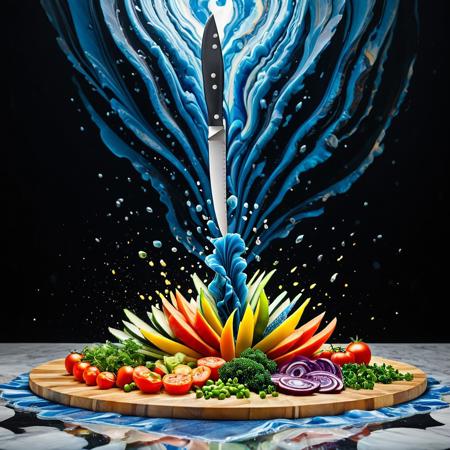 Knife Edge of Reality,
chef’s knife with a blade of swirling obsidian and blue marble, edges fracturing light into rainbow shards, cutting board beneath curling into liquid waves, diced vegetables hovering midair in fragmented motion ,
 liquid marble aesthetic, best_quality, masterpiece, absurdres, highres, subject_focus, depth_of_field, very_detailed, extremely_detailed, ultra_detailed, sharp_focus, intricate detail, kinetic food art, vibrant cutting-edge surrealism, dramatic lighting