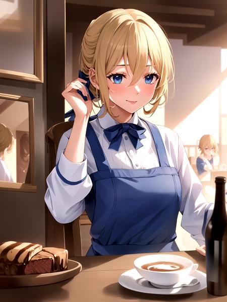 (masterpiece:1.2, best quality:1.1, highres, absurdres, high quality),(photorealistic:1.1),reflected light,colorful,ultra-detailed,8k,ultra hd,super detailed,Violet Evergarden,blonde hair,blue eyes,hair between eyes,indoors,cafe,sitting,steak on table,drunk,blush,<lora:violet_evergarden_v1:0.6>,<lora:hasumi:1>,Hasumi,