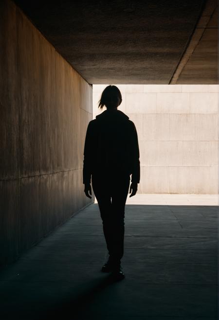 shadow play of  woman posing, long shadows, bright wall breakthrough  in dark underpass, spotlight, looking over shoulder,   (cinematic),  (film grain)  <lora:add-detail-xl:0.4>