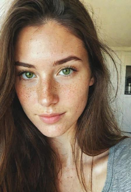 instagram selfie, upper body, a 23 year old gorgeous woman, slight smirk, detailed skin face and eyes, natural lighting, at home, long hair, low contrast, natural face, freckles, brunette hair, green eyes