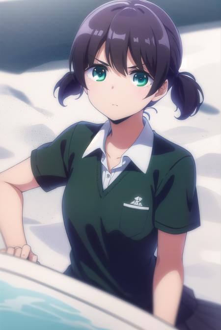 mai sunagawa, short hair, bangs, twintails, (green eyes:1.3), black hair, short twintails, skirt, shirt, school uniform, short sleeves, pleated skirt, collared shirt, black shirt, navel, swimsuit, bikini, floral print, pink bikini,