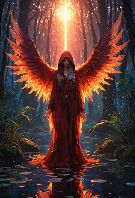 In the mystical realm of Aethoria, a lone woman with sapphire eyes and flaxen hair stands resolute beside a shimmering fairy pond, its crystalline waters reflecting the vibrant hues of a tropical sunset amidst the blurred greenery of an ancient, sentient forest, where iridescent palm trees stretch towards a sky ablaze with celestial bodies of sapphire and amethyst, as the soft focus background is punctuated by the delicate, ethereal glow of luminescent flora and the whisper of magic that rustles the leaves of the crystal forest, her flowing, hooded cloak a deep, fiery red that seems almost aflame in the fading light, its folds billowing behind her like a dark, avian wingspan, her slender fingers relaxed, yet her gaze burning with an inner intensity that hints at the presence of a power that lies just beyond the veil of the mundane.
