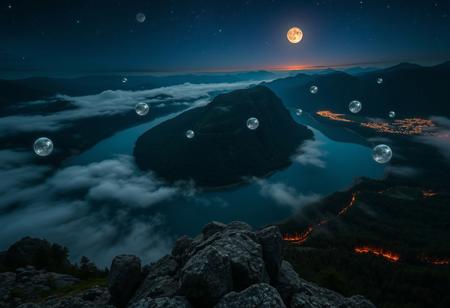 POV, on top of a mountain, looking down from mountain top, geological basin at the base of mountain, rivers leading to basin from mountains, basin surrounded by mountains, shore line, trees, clear blue water, cloud streams, mist over basin, at night, dark, moon, moon light, glowing orbs in air around basin, glowing orbs under water surface, stars, night sky, nebula, moons in sky, glowing in the forest, orange glow,