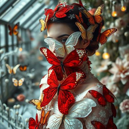 High fashion portrait of a living Christmas butterfly collection, dress made of thousands of crystalline butterfly wings that slowly move and change color from deep velvet red to frost white, face partially covered with delicate wing-shaped snowflakes, hair woven with living winter butterflies made of ice and gold, background of vintage botanical illustrations coming to life, gothic greenhouse setting with frozen flowers, soft ethereal lighting with rainbow prism effects, photorealistic details
