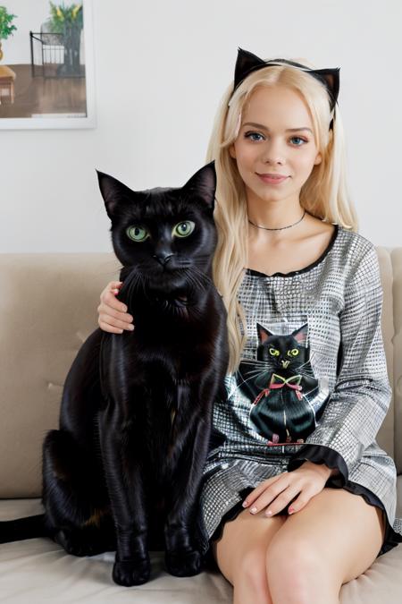 (((1girl surrounded by multiple black cats:1.2))) Professional photograph, long angle shot of 25 year old blonde woman <lora:quiron_ElsaJean_v1_lora:0.6>, elsajeanquiron she's wearing a full body cute pyjamas. She's sitting on a long couch in a white-walled living room, homely background. ((there are cats behind her and at her sides)). (((multiple black cats around her))), absurdres, highrest, 8k, masterpiece, highest quality, masterpiece, award winning shot, comical picture, funny vibes.